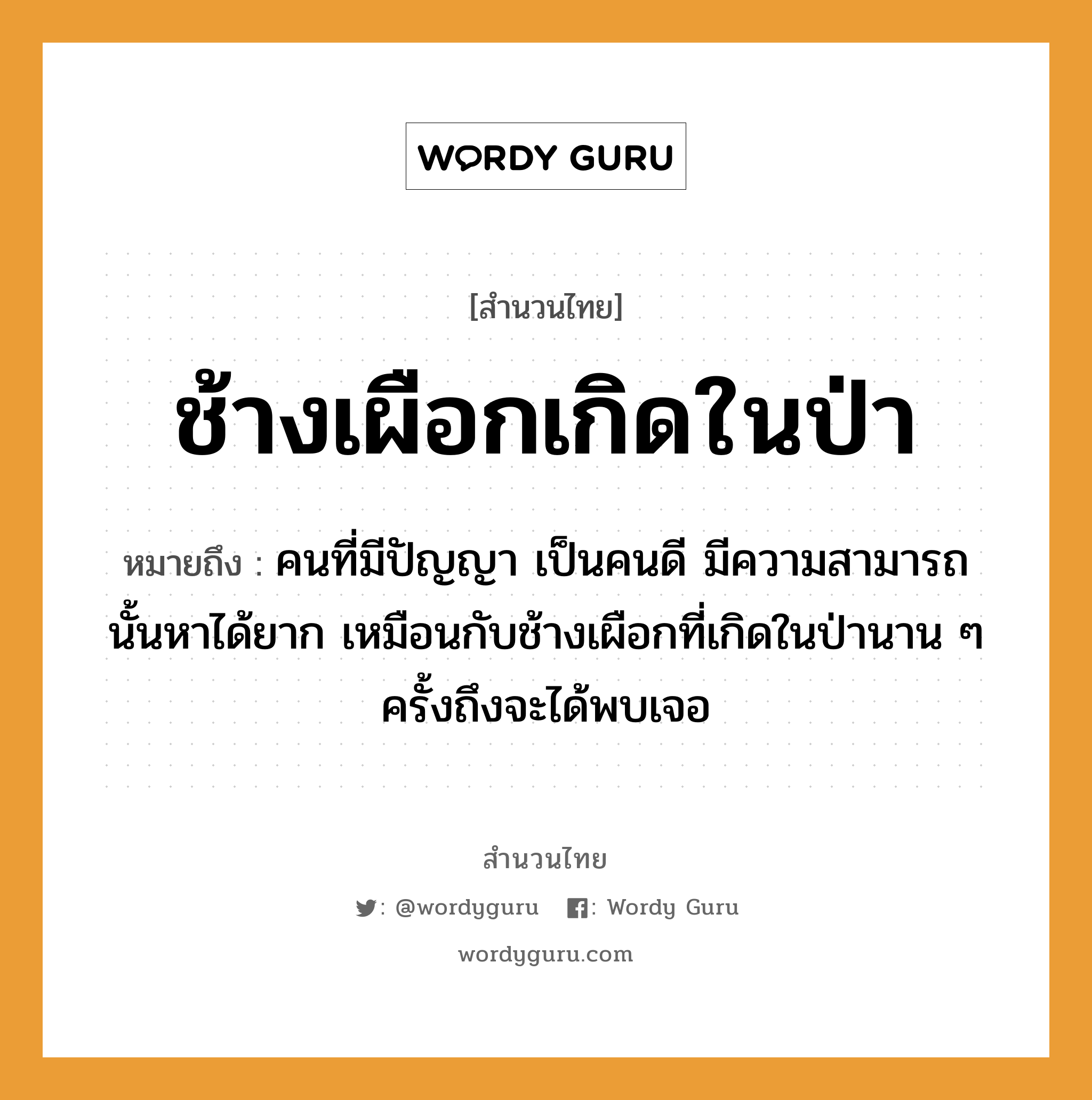 คำพังเพย: ช้างเผือกเกิดในป่า หมายถึงอะไร?, หมายถึง คนที่มีปัญญา เป็นคนดี มีความสามารถนั้นหาได้ยาก เหมือนกับช้างเผือกที่เกิดในป่านาน ๆ ครั้งถึงจะได้พบเจอ คำนาม คน