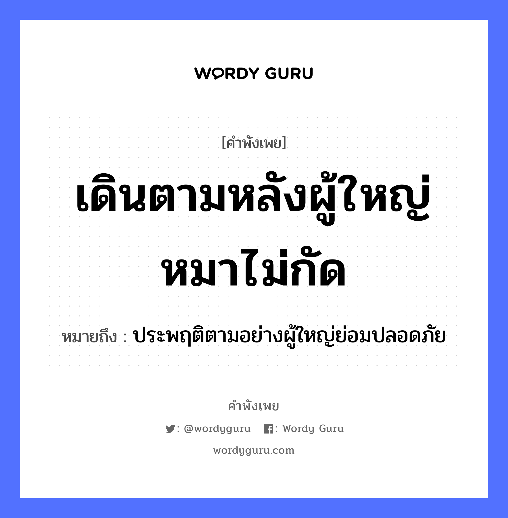 คำพังเพย: เดินตามหลังผู้ใหญ่หมาไม่กัด หมายถึงอะไร?, หมายถึง ประพฤติตามอย่างผู้ใหญ่ย่อมปลอดภัย สัตว์ หมา