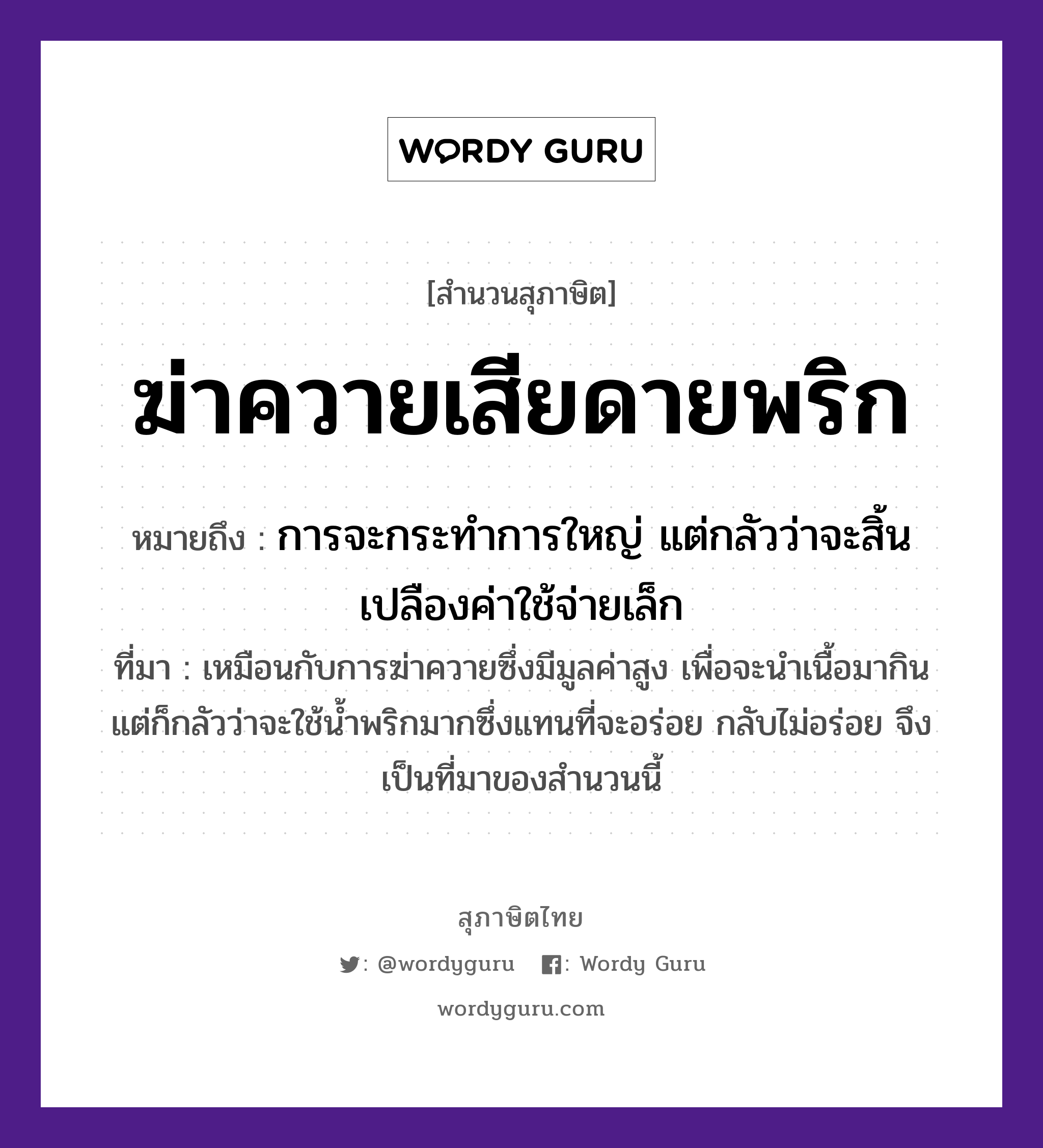 คำพังเพย: ฆ่าควายเสียดายพริก หมายถึงอะไร?, หมายถึง การจะกระทำการใหญ่ แต่กลัวว่าจะสิ้นเปลืองค่าใช้จ่ายเล็ก ที่มา เหมือนกับการฆ่าควายซึ่งมีมูลค่าสูง เพื่อจะนำเนื้อมากิน แต่ก็กลัวว่าจะใช้น้ำพริกมากซึ่งแทนที่จะอร่อย กลับไม่อร่อย จึงเป็นที่มาของสำนวนนี้ อาหาร พริก คำกริยา ฆ่า